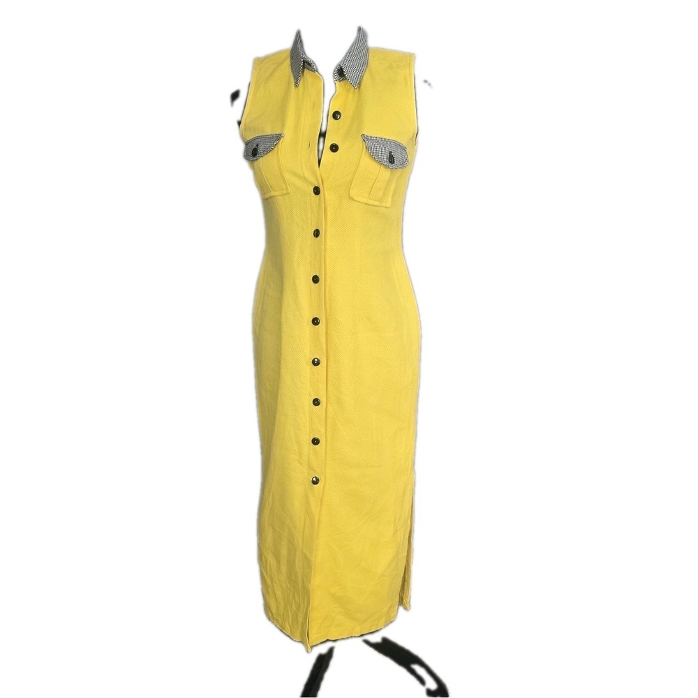 Vintage Misty Lane Womens Twee Retro Midi Dress Size 4 Yellow Full Button Front